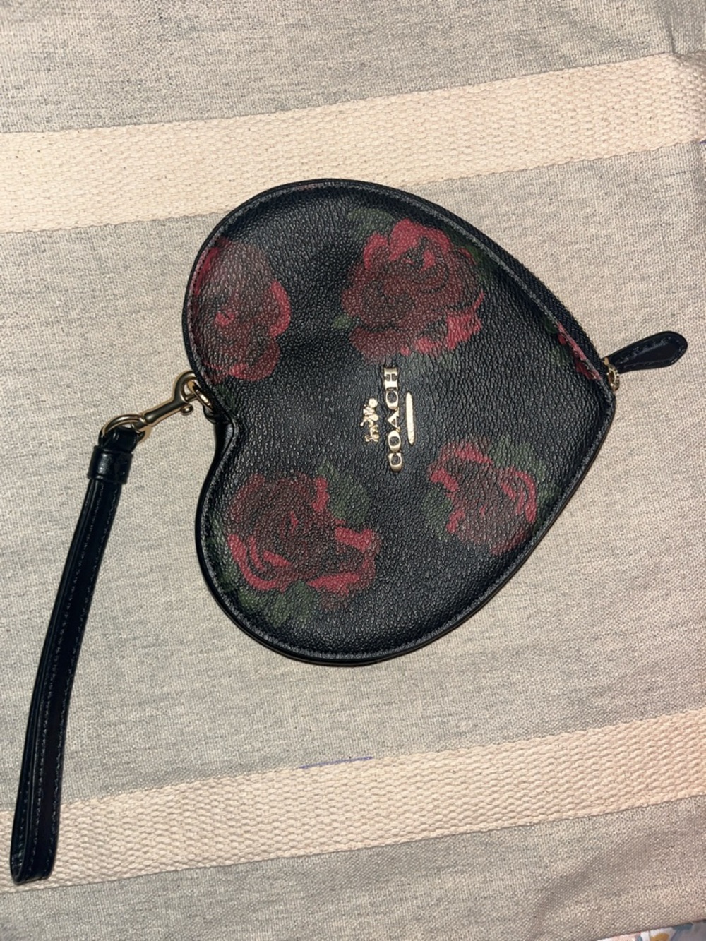 COACH Black Heart-Shaped Wristlet with Red Rose Motif
